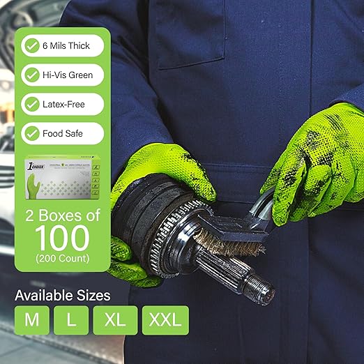 1st Choice 6 mil Green Gloves, Disposable, Latex Free, Raised Diamond Grip, Mechanic Glove for Men, Medium, 2 Boxes of 100