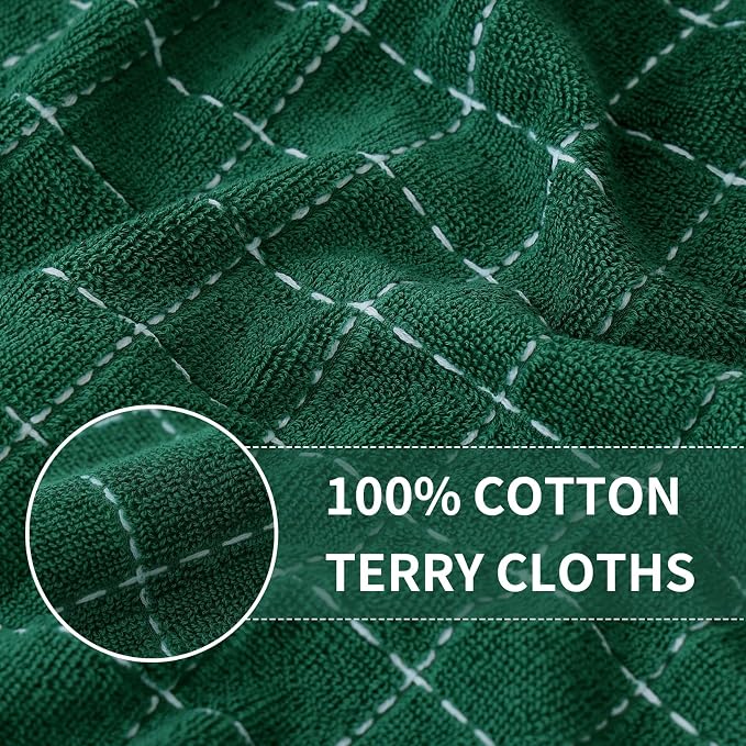 Homaxy Kitchen Towels and Dishcloths Set, 12 x 12 and 13 x 28 Inches, Set of 12 Bulk Cotton Terry Kitchen Towels Set, Checkered Designed, Soft and Super Absorbent Dish Towels, Dark Green