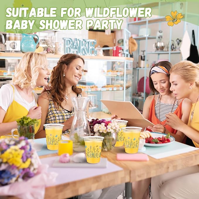 100 Pack Wildflowers Plastic Cups 12 oz Flower Floral Botanical Disposable Clear Plastic Drinking Cups Bulk for Summer Spring Wedding Bridal Baby Shower Birthday Party Decoration Supplies