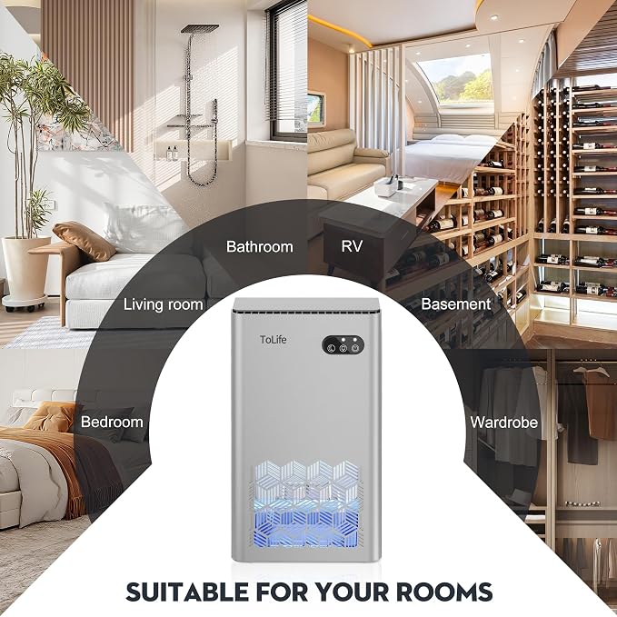 ToLife Dehumidifier for Home, 1000 sq.ft Dehumidifiers for Basement Bedroom Bathroom with 95 OZ Water Tank, Auto Shut Off 7 Colors LED Light, Silver
