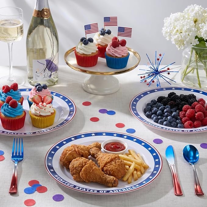 BESTVIP 50Pcs 4th of July Plastic Plates 10 Inch - Heavy Duty American Flag Patriotic Disposable Plates, Red White Blue Dinnerware for Independence Day Veterans Day BBQ party supplies
