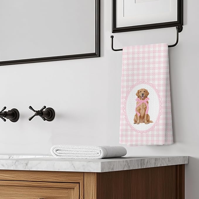 Coquette Pink Bow Golden Retriever Gifts Kitchen Hand Towels for Bathroom，Coquette Pink Golden Retriever Girly Bathroom Kitchen Decor,16x24 Inch