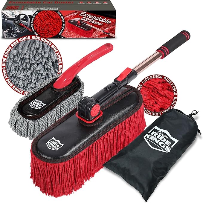 Car Duster Exterior Scratch Free & Interior Detailing Brush Set, Waxed Cotton Waterless Dust Remover, 360° Swivel Telescoping Handle, Multi-Purpose Cleaning Tool for Cars, RVs & Home