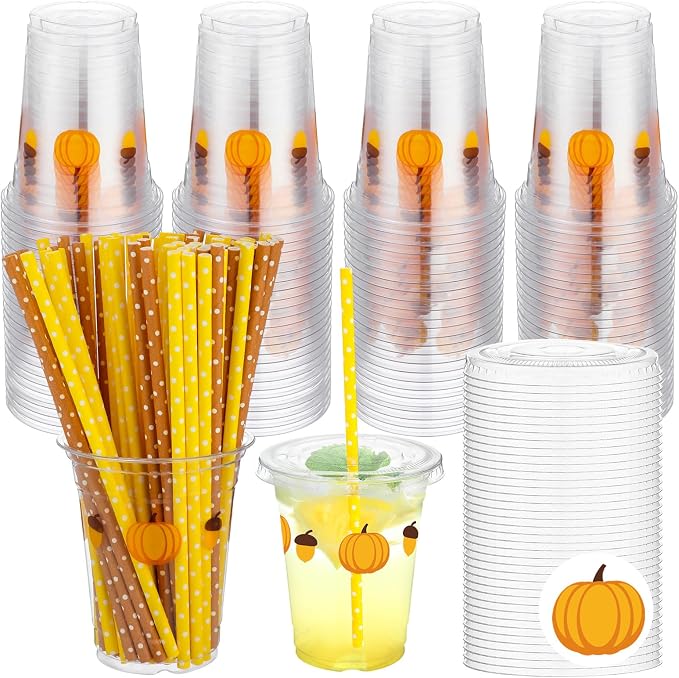 100 Set Fall Pumpkin Disposable Plastic Cups with Lids and Straws 12 oz Pumpkin Acorn Plastic Party Cups Transparent Cold Beverage Drinking Cups for Autumn Thanksgiving Party Supplies(Orange)