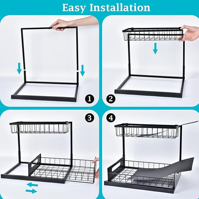 2-Tier Under Sink Organizer Rack – Adjustable Kitchen & Bathroom Storage Shelf with Sliding Baskets, Space Saver for Cleaning Supplies, Pantry, Spices, Toiletries – Heavy Duty Metal Organizer -1 PACK