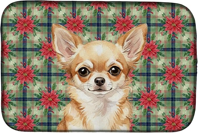 Caroline's Treasures Fawn Chihuahua Christmas PoinsettIas Dish Drying Mat Absorbent Dish Drying Mat Pad for Kitchen Counter Dish Drainer Mat for Countertop, 14 x 21", Multicolor