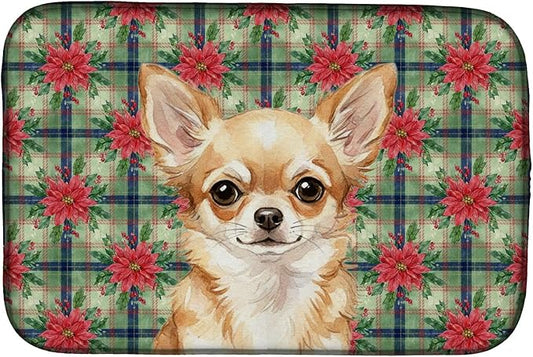 Caroline's Treasures Fawn Chihuahua Christmas PoinsettIas Dish Drying Mat Absorbent Dish Drying Mat Pad for Kitchen Counter Dish Drainer Mat for Countertop, 14 x 21", Multicolor