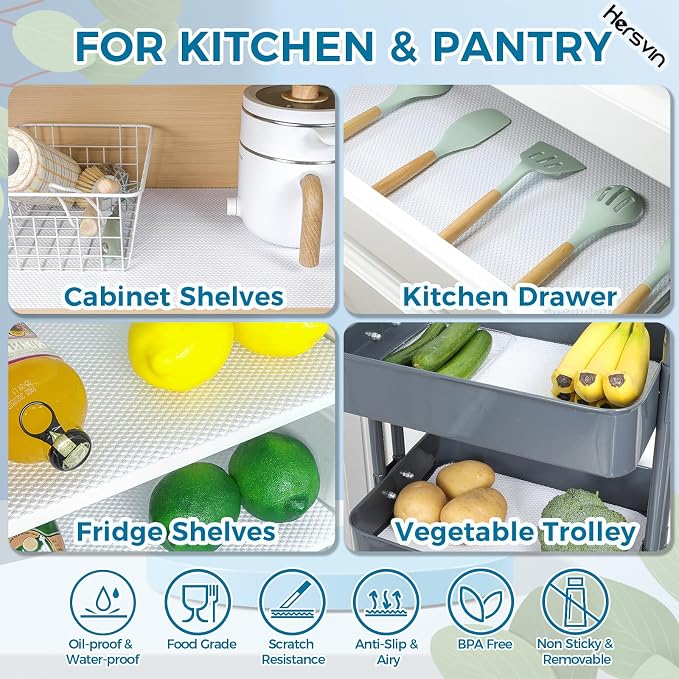 Hersvin Shelf Liners, 24 in x 20 ft Kitchen Drawer Mats, Non-Adhesive EVA Cupboard Protector, Cabinet Lining (White Dot)