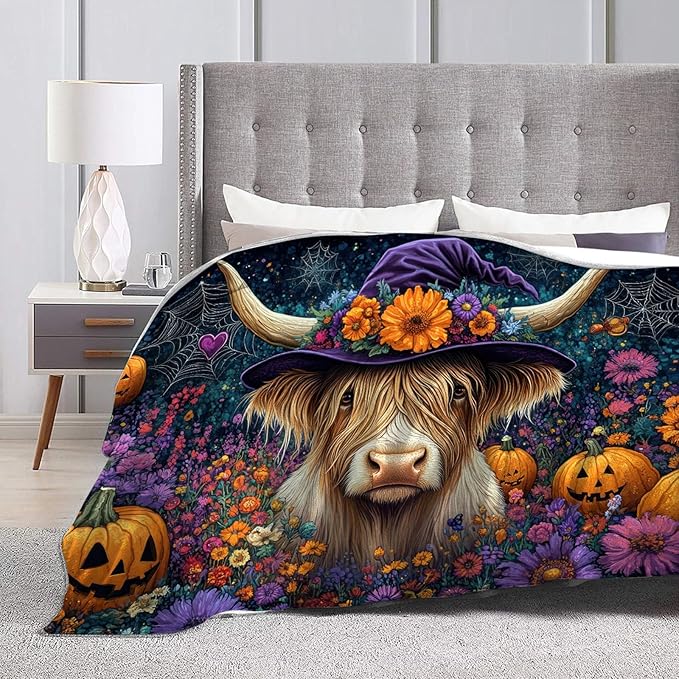 Tijuboni Halloween Highland Cow Pumpkin Throw Blanket for Girls Boys Women Men Kids Adults Soft Flannel Fleece Blanket for Couch Sofa Bed Home Decor 40"x50"