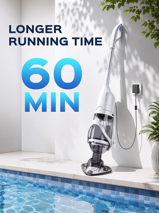 Cordless Handheld Pool Vacuum for Above Ground Pool, Rechargeable Small Pool Vacuum with Telescopic Pole, 60 Min Runtime, 14.1 GPM Suction, for Hot Tub, Spa & Small Pools, White
