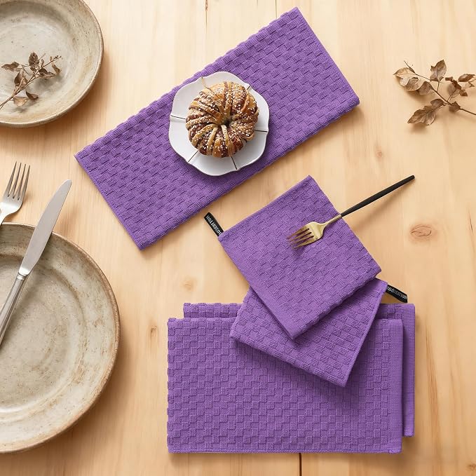 Homaxy 100% Cotton Kitchen Towels and Dishcloths Set, 12 x 12 & 15 x 25 Inches, Set of 16 Bulk Terry Cloth Dish Towels, Super Soft and Absorbent Hand Towel with Hanging Loop, Purple