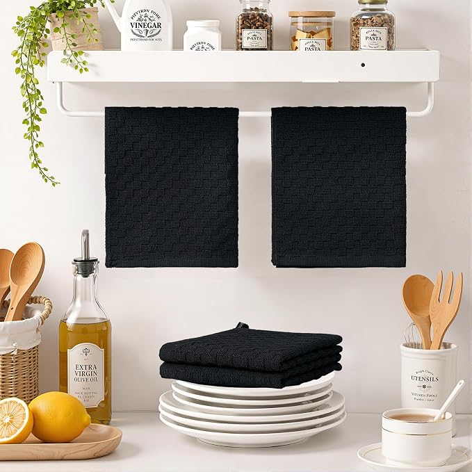 Homaxy 100% Cotton Terry Kitchen Dish Cloths, Ultra Soft Absorbent Dish Towels with Hanging Loop, Pineapple Grid Designed, 12 x 12 Inches, 12-Pack, Black