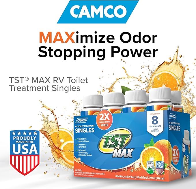 Camco TST MAX RV Toilet Treatment - Formaldehyde Free - Breaks Down Waste And Tissue - Septic Tank Safe - Treats up to 8-40 Gallon Holding Tanks -Orange Scent, (8) 4 oz Bottles (41191)