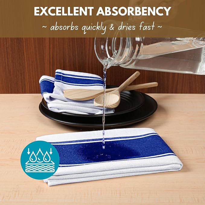 Native Fab Blue Kitchen Towels 18x28 Inch, Set of 4, Wide Stripe, Super Absorbent, Quick Dry, Soft, 100% Cotton Dish Towels for Wiping Hands, Drying Dishes, Cleaning Dishcloths Set - Ink Blue