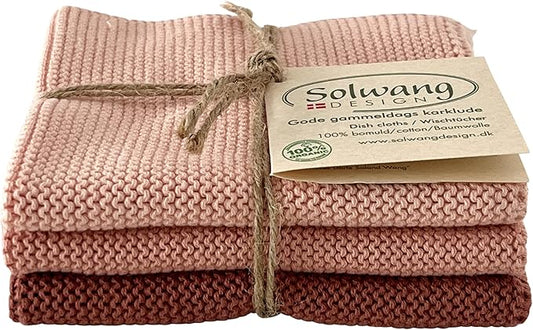 Solwang 3-Piece Danish Cotton Dishcloths in 100% Certified Organic Cotton Made in India (Peach Organic Combi)