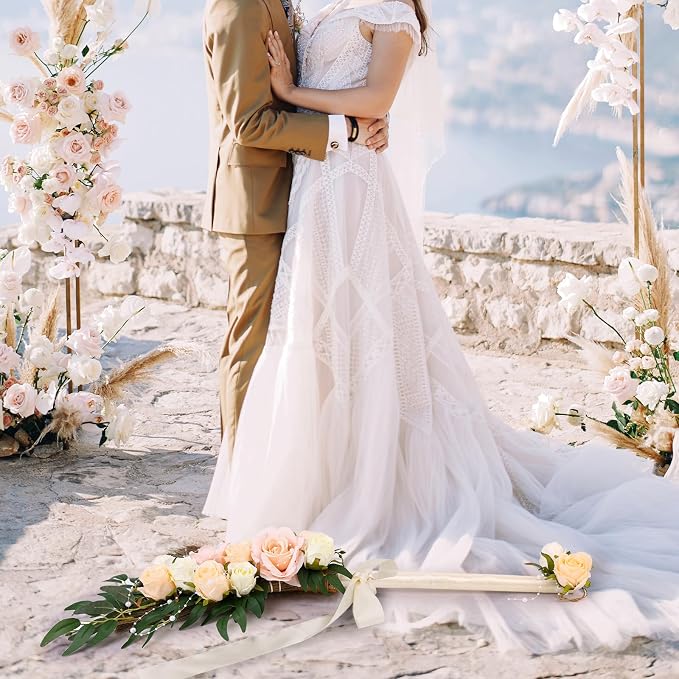 Wedding Broom DIY Jumping Broom for Wedding Ceremony 28 inch Tall Whisk with Artificial Roses/Green Leaves/Ribbons/Pearl