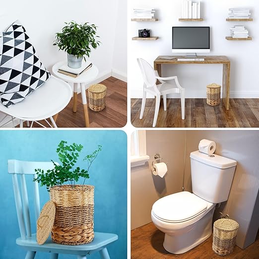 Ctosree 1.3 Gallons Small Trash Can with Lid Handle Boho Woven Braided Bathroom Waste Basket Trash Can with 100 Garbage Bags for Bedroom Office Laundry(Braided Wicker, Primary Color)