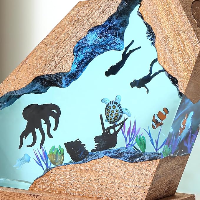Octopus Ocean Resin Lamp, Handcrafted RGB Ocean Lamp with Wooden Base,Octopus Decor for Bedroom, Scuba Diving Gifts for Him & Her, Unique Birthday & Holiday Gifts for Women (M 8"X5")