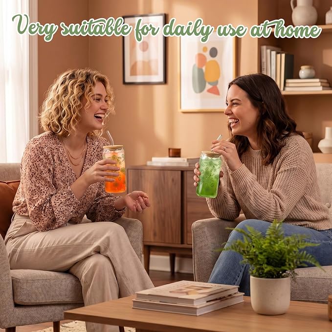 Sliner 2 Pcs Green Floral Glass Tumblers with Straw and Lid Flower Cups Drinking Glasses 16 oz Iced Coffee Can Tumbler Holiday Gifts