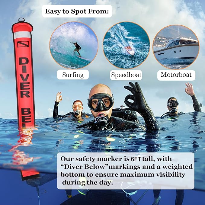 6FT Surface Marker Buoy (SMB), High Visibility Scuba Diving Surface Marker Signal Tube with Reflective Strip for Underwater Scuba Diving Underwater Sports