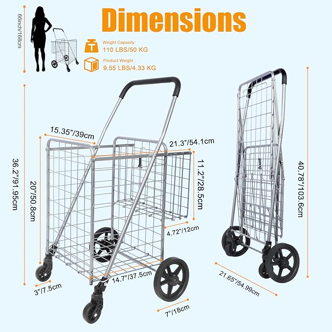 Whitmor Utility Folding Shopping Cart, 115L Heavy Duty Grocery Cart with Double Basket, 360° Swivel Wheels, Foldable Rolling Utility Trolley, 110 Lbs Capacity for Grocery, Laundry, Travel, Sliver