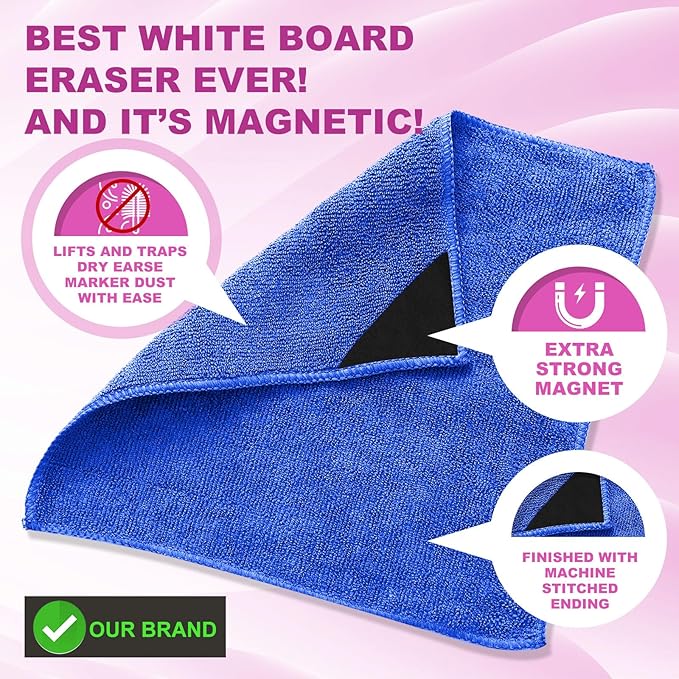 Tudomro 30 Pcs Magnetic Microfiber Cleaning Cloth Dry Erasers Bulk for Most Whiteboards Dry Erase Cloth Cleaner Reusable, Home, Office, 10'' x 10''(Black, Blue)