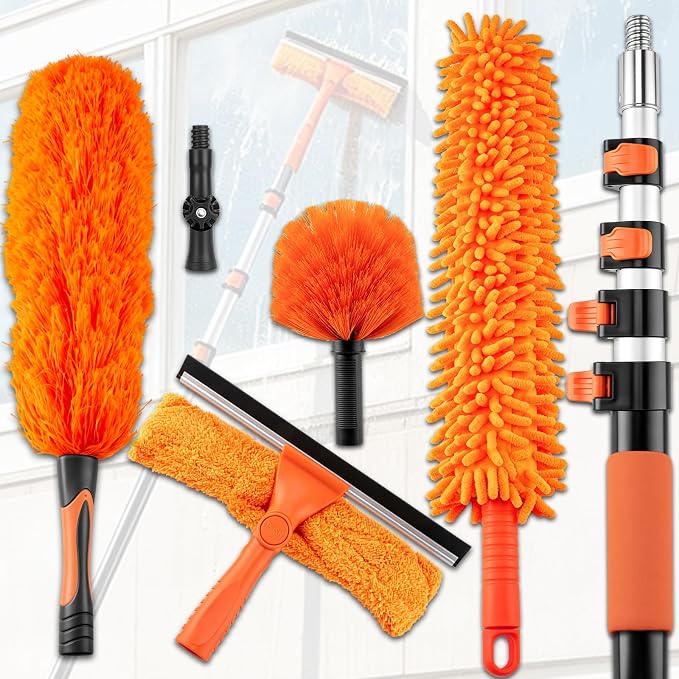 26FT High Ceiling Duster with Extension Pole, High Reach Duster Cleaning Kit, Ceiling Fan Cleaner Duster, Cobweb Dusters & Window Cleaning Squeegee Kit for Fan Blades, Furniture, Corner, Long Dusters