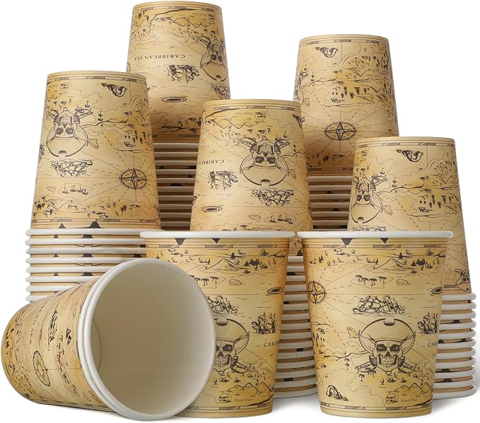 Funtery 100 Pcs Paper Drinking Cups, 9 oz Party Favor Supplies Decorations Disposable Drinking Cups for Western Theme Birthday Party Drinks Holidays Dinner(Retro Pirate)