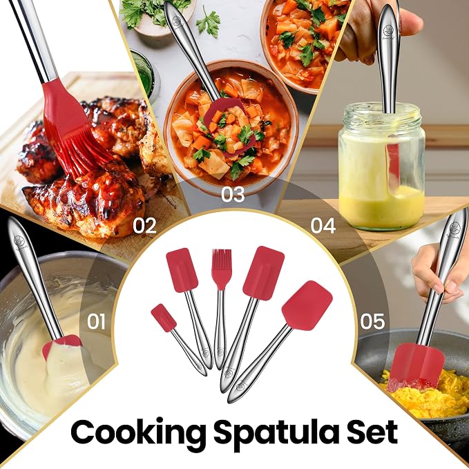 5pcs Silicone Spatula Cooking Utensils Set with Stainless Steel Handles, Premium Heat-Resistant Kitchen Utensils for Baking, Spoonula & Silicone Brush Included, Safe for Nonstick Cookware (Red)