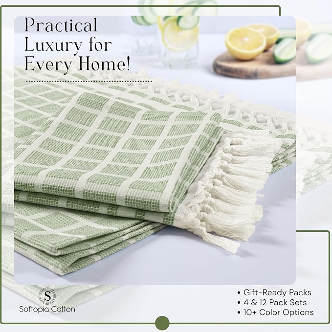 Matrix Dobby Kitchen Towels 4 Pack 100% Cotton, 16x26 Inches, Fast Drying, Absorbent Dish Towels with Handmade Tassels, Reusable Cleaning Cloths for Daily Use - Mint Green, White