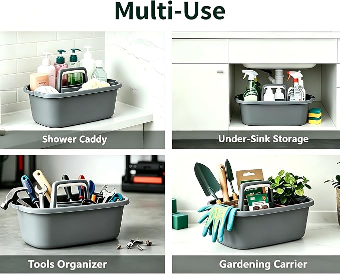 Cleaning Supplies Caddy 3 Pack: Heavy Duty Large Shower Basket with Handle | Portable Plastic Tool Storage Tote Organizer for Bathroom Kitchen Dorm Garden Home, Gray