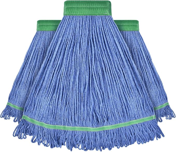Onesimus 18 oz Heavy Duty Mop Head Replacement, 5 Inch Headband for Quick Change Handle, Blue Loop-End Cotton Blend String Wet Dry Floor Mop Refill Commercial Cleaning Supplies, 3 Pack Medium