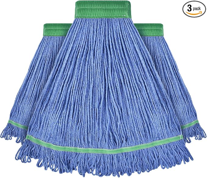 Onesimus 28 oz Heavy Duty Mop Head Replacement, 5 Inch Headband for Quick Change Handle, Blue Loop-End Cotton Blend String Wet Dry Floor Mop Refill Commercial Cleaning Supplies, 3 Pack X-Large
