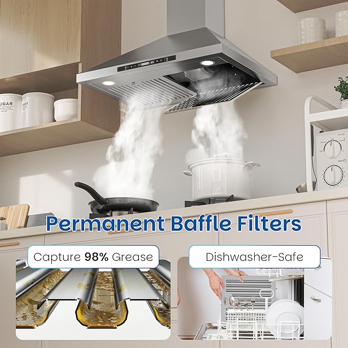 FIREGAS Wall Mount Range Hood 30 Inch, 900 CFM Ducted Kitchen Hood 3-Speed Exhaust Fan, Gesture/Touch Control, Timer, 2 Baffle Filters, Stainless Steel Stove Vent Hood