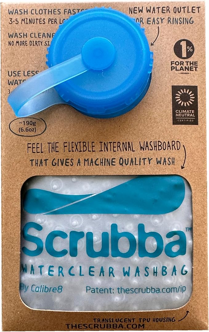 Scrubba WATERCLEAR Wash Bag - Patented Washboard-in-a-Bag™ Portable Manual Washing Machine for Travel, Camping, Backpacking & Cruise - Larger Water Inlet/Outlet for Easy Rinsing - (6.9 oz)