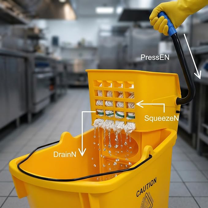 35 Quart Commercial Mop Bucket with Side Press Wringer on Wheels, Industrial Mop and Bucket Set with Loop-End Mop Head, Gloves and Microfiber Cloth, Heavy Duty Yellow Janitorial Cleaning Cart