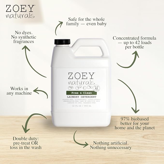 Zoey Naturals - Baby Laundry Detergent, Free & Clean – Hypoallergenic Plant-Based Liquid for Sensitive Skin – Sulfate, Dye & Fragrance Free – Concentrated HE Formula – 32 fl oz
