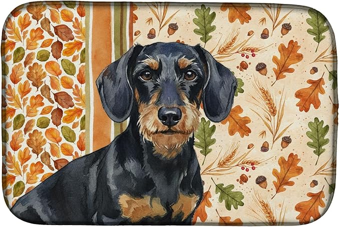 Caroline's Treasures Wirehaired Black and Tan Dachshund Heirloom Fall Dish Drying Mat Absorbent Dish Drying Mat Pad for Kitchen Counter Dish Drainer Mat for Countertop, 14 x 21", Multicolor