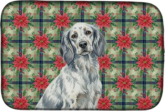 Caroline's Treasures Blue Belton English Setter Christmas PoinsettIas Dish Drying Mat Absorbent Dish Drying Mat Pad for Kitchen Counter Dish Drainer Mat for Countertop, 14 x 21", Multicolor