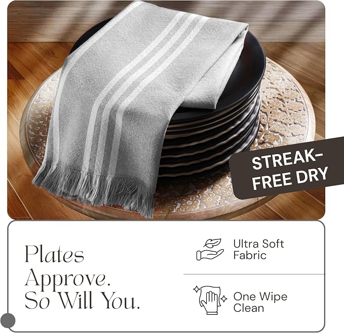 5 Pack Monochrome Stripe Kitchen Towels with Fringes, 16x26 Inch, 100% Cotton, Lint-Free, Absorbent & Washable Dish Towels for Drying Dishes, Everyday Kitchen Use, Dark Grey