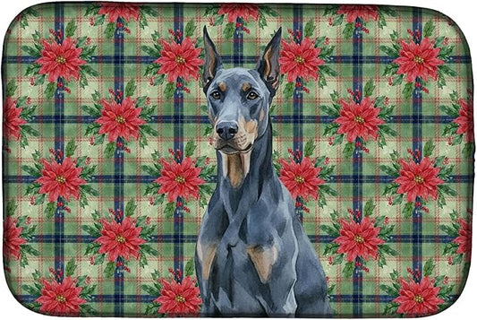 Caroline's Treasures Blue Doberman Pinscher Christmas PoinsettIas Dish Drying Mat Absorbent Dish Drying Mat Pad for Kitchen Counter Dish Drainer Mat for Countertop, 14 x 21", Multicolor