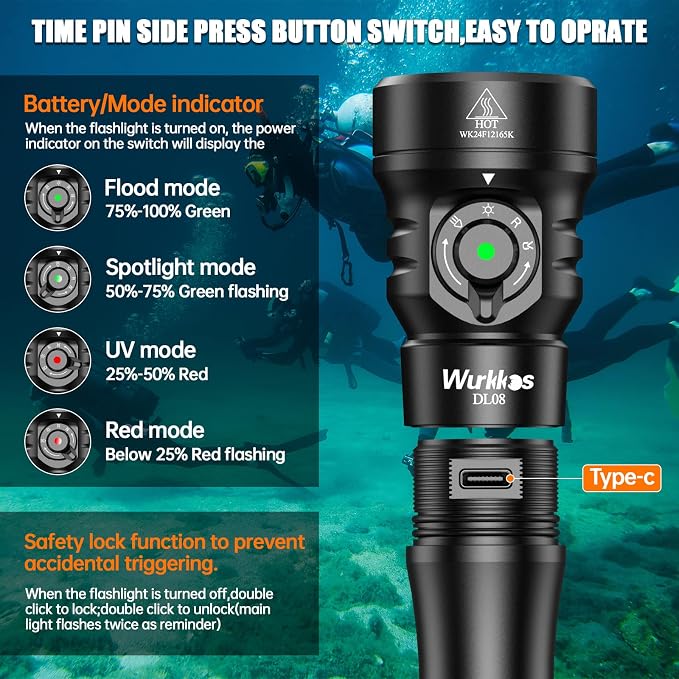 Wurkkos DL08 Dive Light, 3600 Lumens Rechargeable Scuba Underwater Lights with Red and UV Light, IP68 Underwater Video with Infinite Brightness Adjustment and 5000mAh Battery for Night Diving