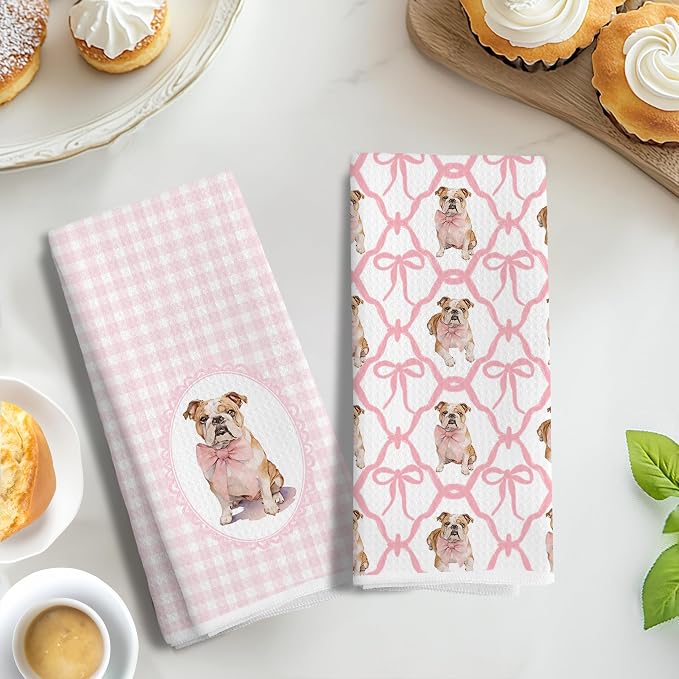 Coquette Pink Bow French Bulldog Dog Kitchen Hand Towels for Bathroom, French Bulldog Gifts for Women, Coquette Pink Goldendoodle Dog Girly Bathroom Kitchen Decor, 16x24 Inches Set of 2