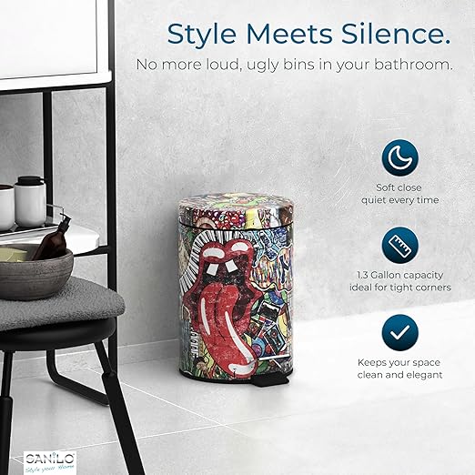 Sanilo Small Bathroom Trash Can with Lid [1.3 Gallon] - Lidded Tiny Trashcan for Garbage - Mini Metal Bin with Soft Closing Mechanism - Bath Room Accessoire Wastebin with Inner Bucket (Graffiti)