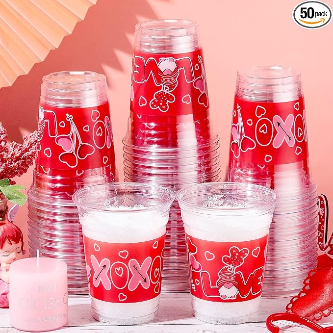 Meanplan 100 Pcs 12 oz Valentine Plastic Cups Bulk Valentine Drinking Cups Pink Heart Glasses Drinking Galentine Day Party Favor Supplies for Beverages Iced Juice Wedding Anniversary(Love Style)