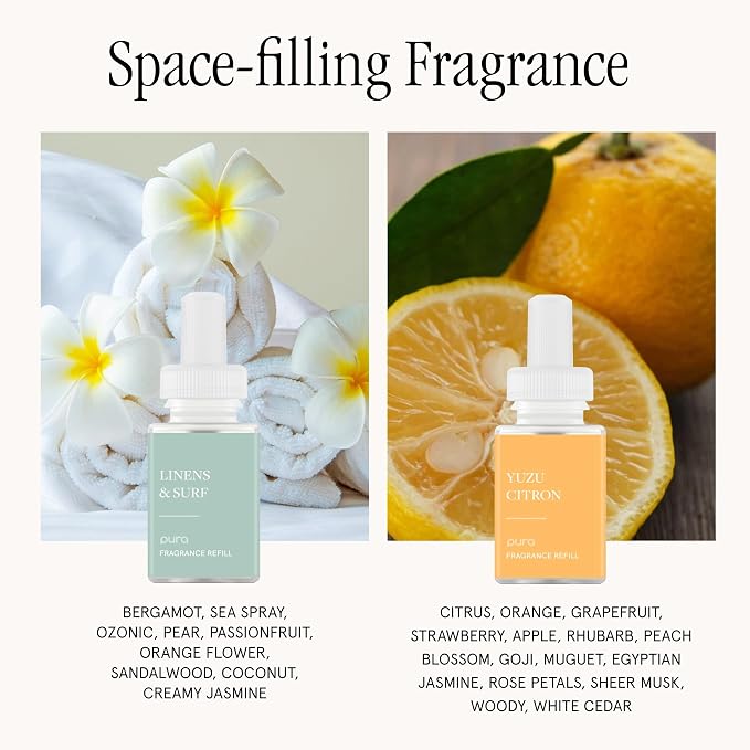 Pura Home Fragrance Device Starter Set - Pura 4 - Scent Diffuser for Home - Includes Fragrance Aroma Diffuser - Square Box, Linens & Surf and Yuzu Citron Scent Refills