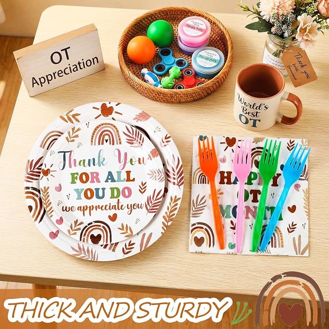 Remerry 96 Pcs Happy OT Month Party Supplies Occupational Therapist Appreciation Plates and Napkins Set Decoration Boho Thank You Medical Staff Themed Disposable Plates for OT Month Party Supplies