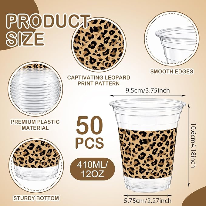 Qinyoung 50 Pcs Plastic Cups 12oz Disposable Cups Bulk Drinking Cup for Cold Drinks Baby Shower Wedding Birthday Valentine's Day Party Supplies (Leopard Print)