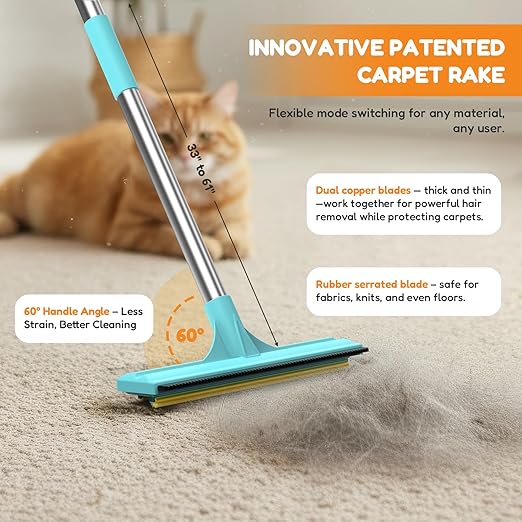 3-in-1 Carpet Rake for Pet Hair Removal, Upgraded Rug Scraper with 61" Thickened Handle & 10" Handheld Grip, Dual-Metal Edge Dog Hair Remover for Carpet, Couch, Furniture & Car