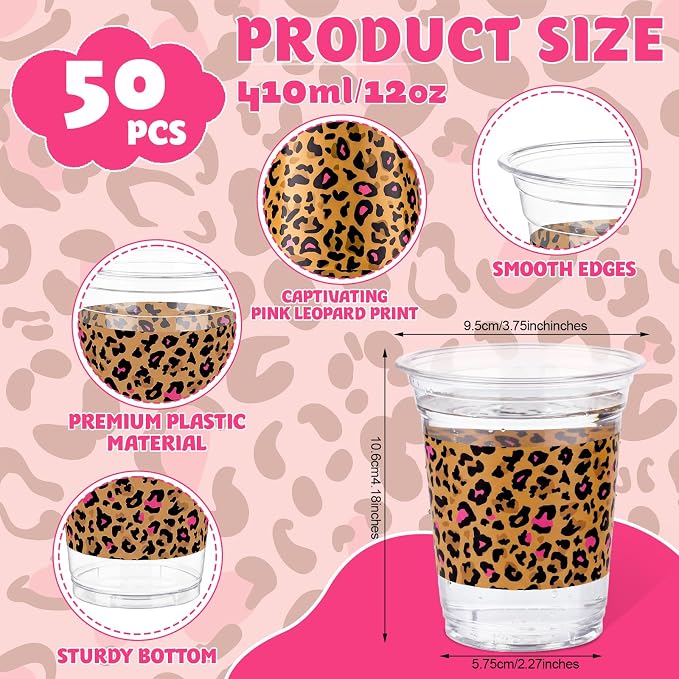 Qinyoung 50 Pcs Hot Pink Leopard Print Plastic Cups Cheetah Animal 12oz Disposable Cups Bulk Drinking Cup for Cold Drinks Baby Shower Wedding Birthday Animal Cheetah Print Party Supplies
